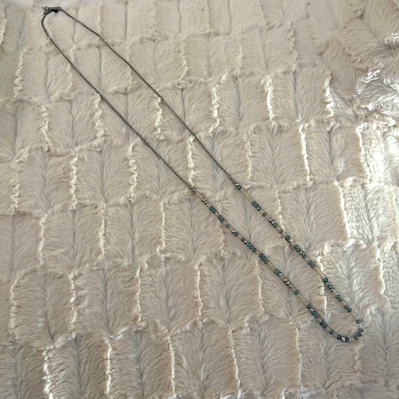 Long necklace with blue iridescent beads and clear matte beads… - Picture 1 of 4